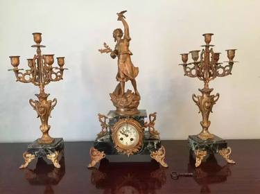 Antique Figural Marble Clock Made By Charmeuse D’ Oiseaux. The case is made of bronze and marble. The clock is in perfect working condition thumb