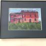 Red Italian Farm House- sold as framed here - dark blue mat in 8x10 inch glass front frame