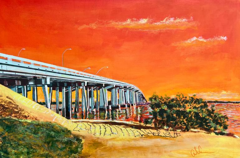 Original Seascape Painting by Aubier Torres | Art Deco Art on Canvas | Jolley Judge Bridge Sun Rise