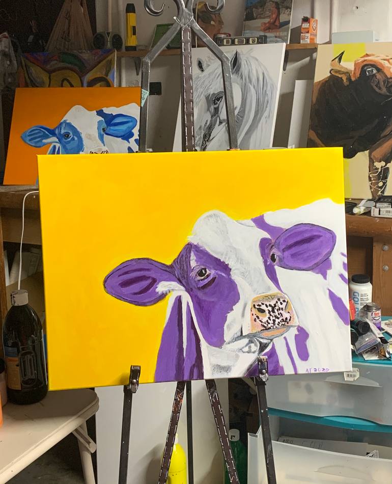 Happy Purple Cow Painting by Aubier Torres Saatchi Art
