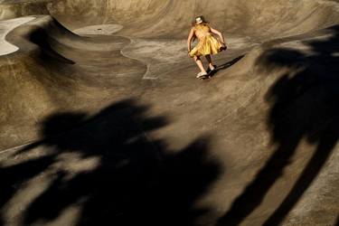 Skater chick in a shiny, glittery, gold skirt and metal helmet; Venica, CA. - Limited Edition 1 of 25 thumb