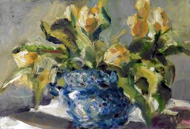 blue chinese pot with yellow tulips thumb