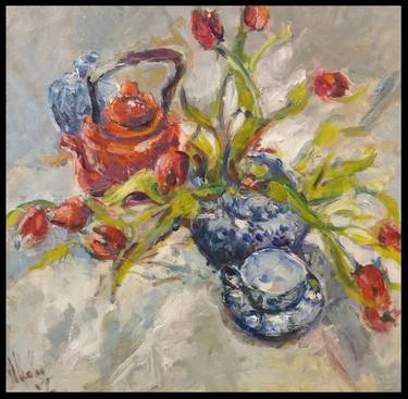 Stillife with tulips and antique Chinese pottery thumb
