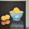 I wanted to focus on the bold colors of the fruit and bowl. I found the color contrast interesting, juxtaposed yet cohesive.  Sides painted black, ready to hang.