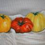 Heirloom tomatoes in white cloth still life.  Painted on stretched linen canvas, ready to hang