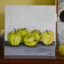 I bought these delicious apples specifically to paint. I wanted a natural blend of cool colors. Painted on stretched linen canvas, ready to hang with d ring hooks on back.