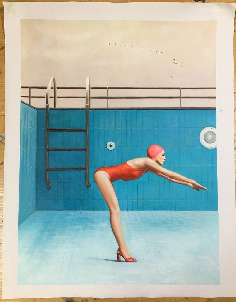 Original Surrealism Sports Painting by Mr STRANGE Jean-Marie GITARD