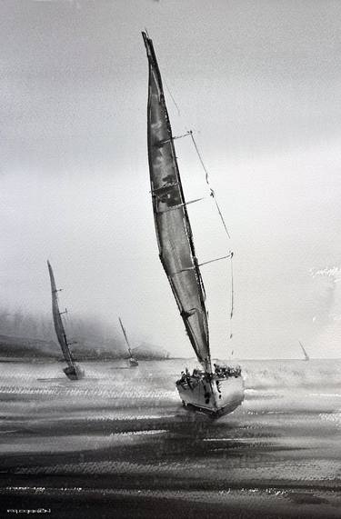 Graceful Pursuit: A Captivating Black and White Sailboat Regatta thumb