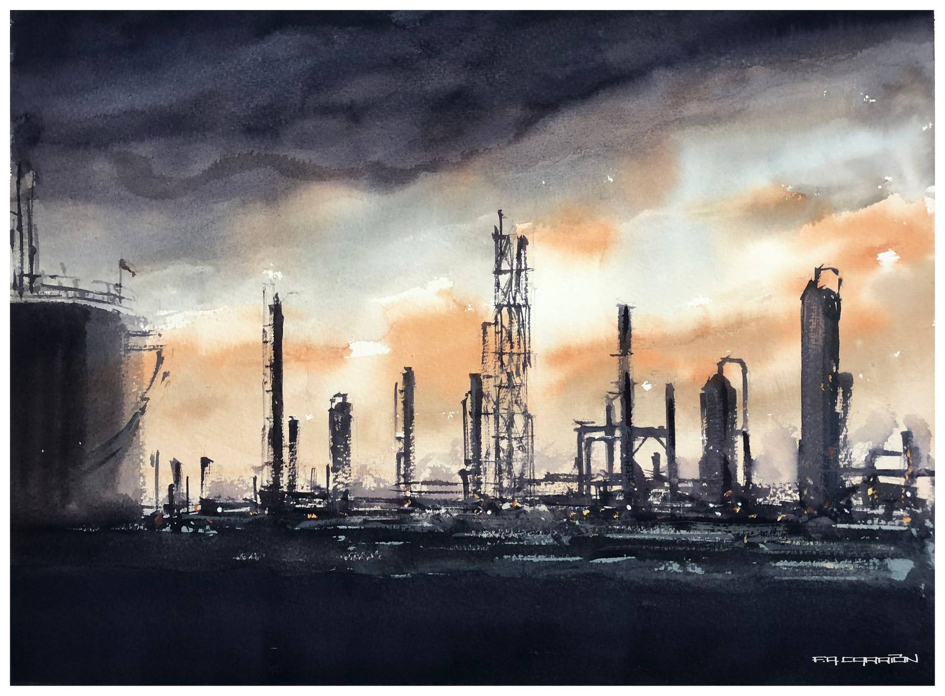 Oil and Gas Art / Oilfield Art / Houston Refinery at Dawn Painting