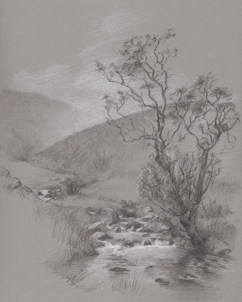 A Stream in Dartmoor Drawing by Mark Anstis