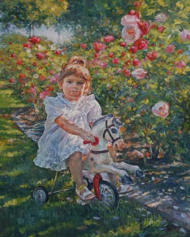 Charming Rider In Pink And Red Roses thumb