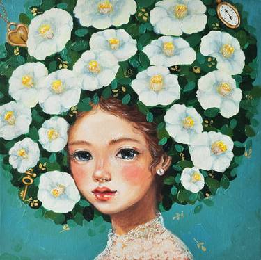 White Camellia Girl in Blue thumb