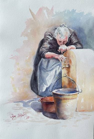 Old Lady with water pail, Greece thumb