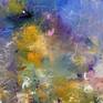 I painted this abstract in oils on stretched canvas.  Blues and purple were the foundation.  Then yellow ochre met the lavender and created an energy.  I worked some carving/scratching into the paint to free it.  The sides of the canvas are painted and it is varnished and wired for hanging.
