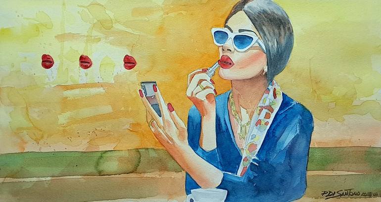 Original Women Painting by Paulo Di Santoro | Contemporary Art on Paper | Girl at the Cafe