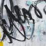 Layers of acrylic, spray paint, graphite, and oil stick form a bold and colorful composition, reminiscent of urban grafitti. Edges painted pale grey, back wired, ready to hang. Please see additional images.