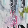 Layers of acrylic, spray paint, graphite, and oil stick form a bold and colorful composition, reminiscent of urban grafitti. Edges painted pale grey, back wired, ready to hang. Please see additional images.