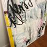Layers of acrylic, spray paint, graphite, and oil stick form a bold and colorful composition, reminiscent of urban grafitti. Edges painted pale grey, back wired, ready to hang. Please see additional images.