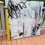 Layers of acrylic, spray paint, graphite, and oil stick form a bold and colorful composition, reminiscent of urban grafitti. Edges painted pale grey, back wired, ready to hang. Please see additional images.