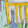 Bright and colorful shapes and markings create a distorted table top still life. This painting is on thick gallery wrapped canvas. Edges painted white, back wired, ready to hang. Please see additional images.