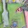 Bright and colorful shapes and markings create a distorted table top still life. This painting is on thick gallery wrapped canvas. Edges painted white, back wired, ready to hang. Please see additional images.