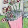 Bright and colorful shapes and markings create a distorted table top still life. This painting is on thick gallery wrapped canvas. Edges painted white, back wired, ready to hang. Please see additional images.