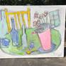 Bright and colorful shapes and markings create a distorted table top still life. This painting is on thick gallery wrapped canvas. Edges painted white, back wired, ready to hang. Please see additional images.