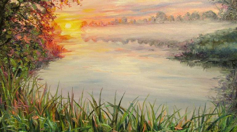 Sunrise Oil Painting Original Art Countryside Landscape River Nature Artwork hotsell On Canvas 8 x 8