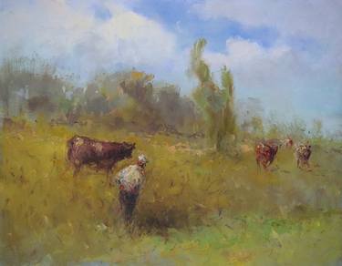 Cows in a Meadow, original oil painting in handmade, one of a kind, Artist: Karen Darbinyan thumb