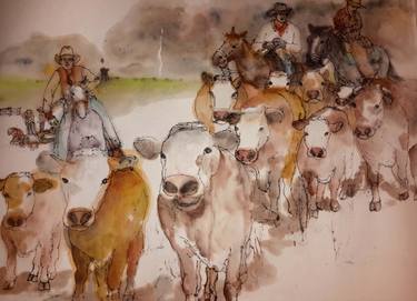 Print of Cows Paintings by Debbi Saccomanno Chan