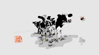 Print of Conceptual Cows Mixed Media by Debbi Saccomanno Chan