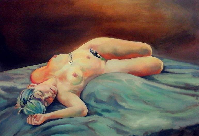 Portrait Life Style Oil Painting On Board Of Sleeping Nude Male, Framed