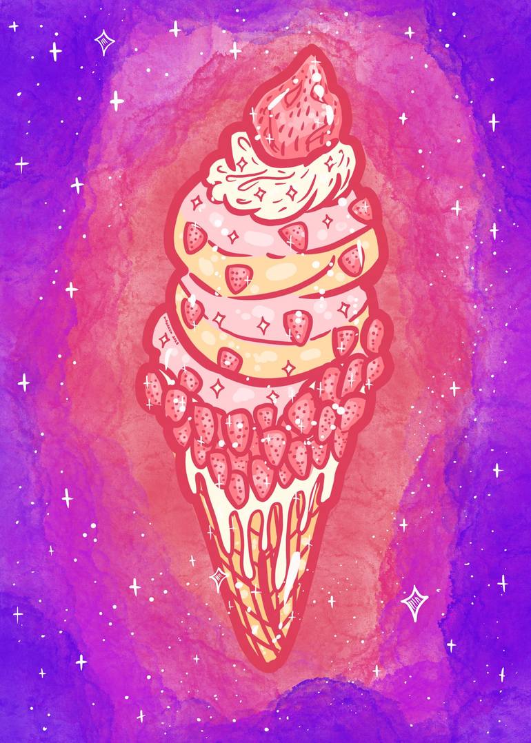 Strawberry and Vanilla Swirl Cone Ice cream in galaxy Digital by