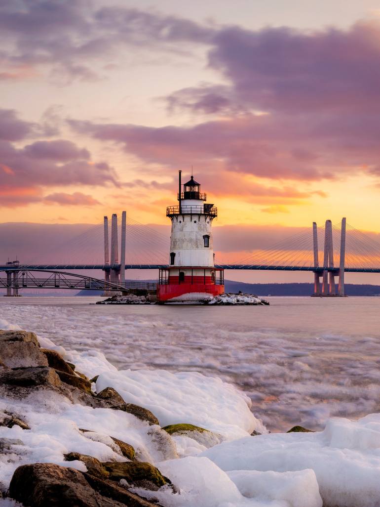 Sleepy Hollow Lighthouse at sunset cover in snow - Print