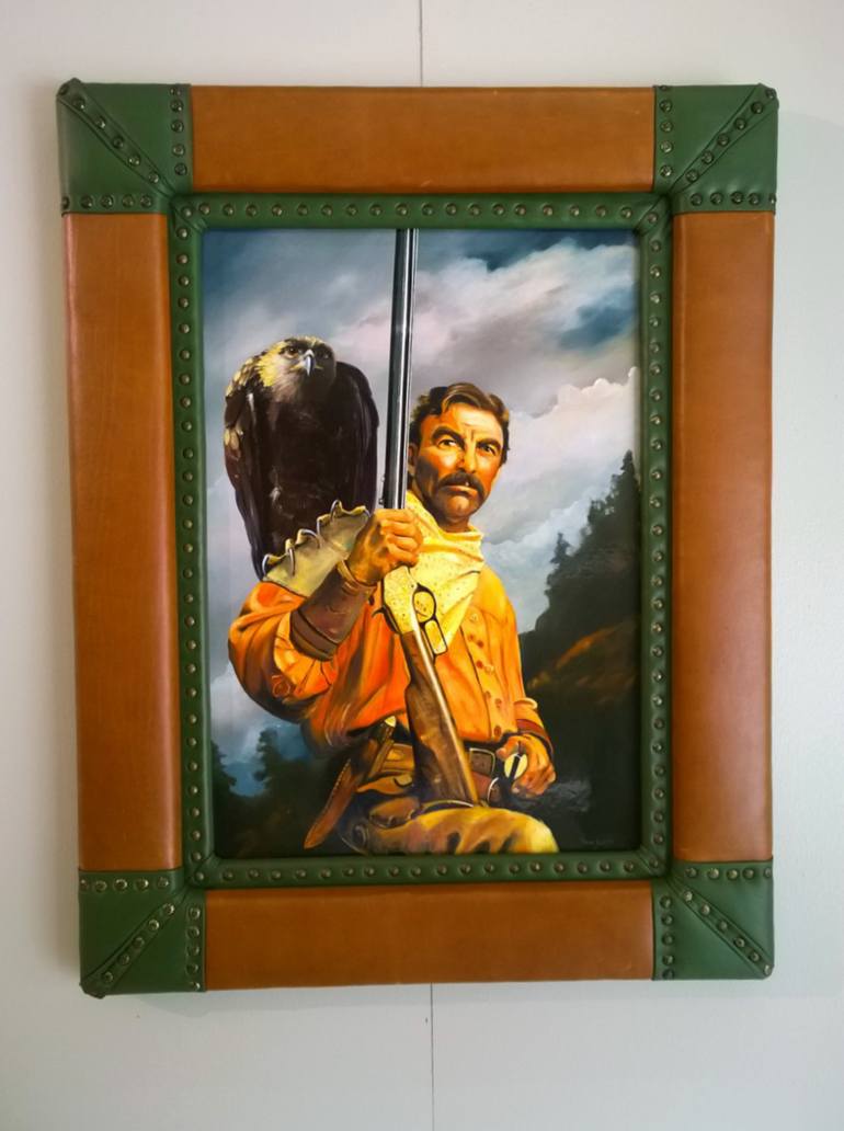 TOM SELLECK HAND PAINTED OIL IN CUSTOM HAND MADE ITALIAN LEATHER FRAME  Painting by Timm Kurtz | Saatchi Art