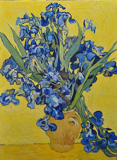 Sopy Of Irises In A Jug On A Yellow Background By Vincent Van Gogh