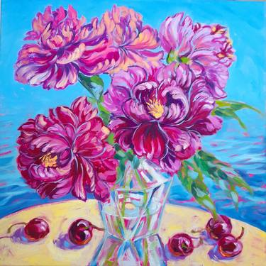 Peonies and cherries oil painting thumb