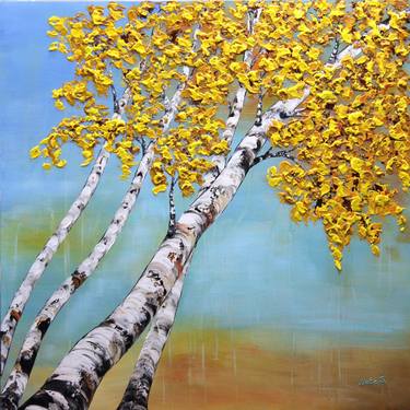 Golden Birches - Large Textured Painting thumb