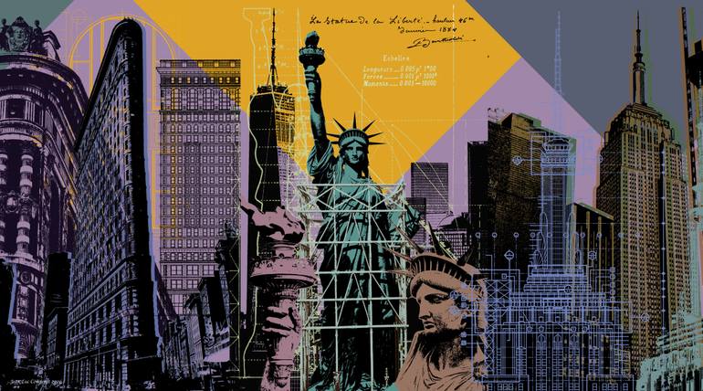 NYC Panoramic 2 - Architectural Icons collage - NYC - 20x36 Original Digital by jean luc comperat