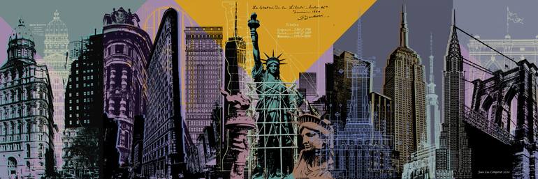 NYC Panoramic 3 - Architectural Icons collage - NYC - 20x60 Original Digital by jean luc comperat