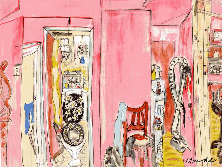 Our Little pink cottage in Mastic Beach - by Minouche Original Mixed Media by jean luc comperat