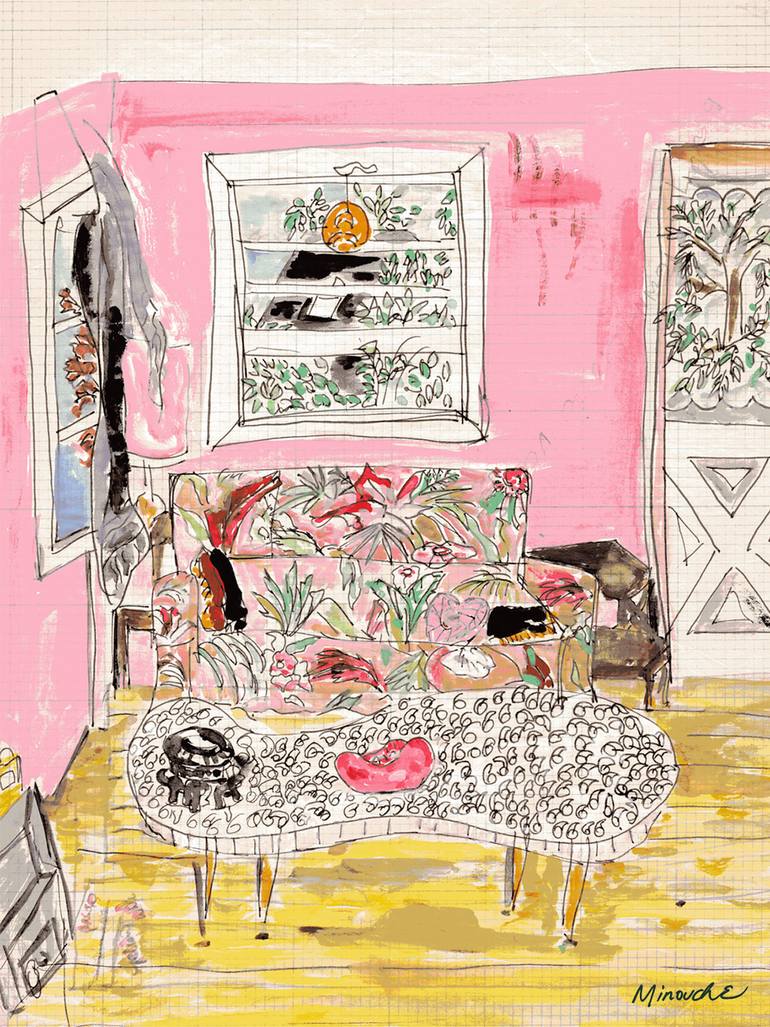 Our Little pink cottage in Mastic Beach - 2 - by Minouche Original Mixed Media by jean luc comperat