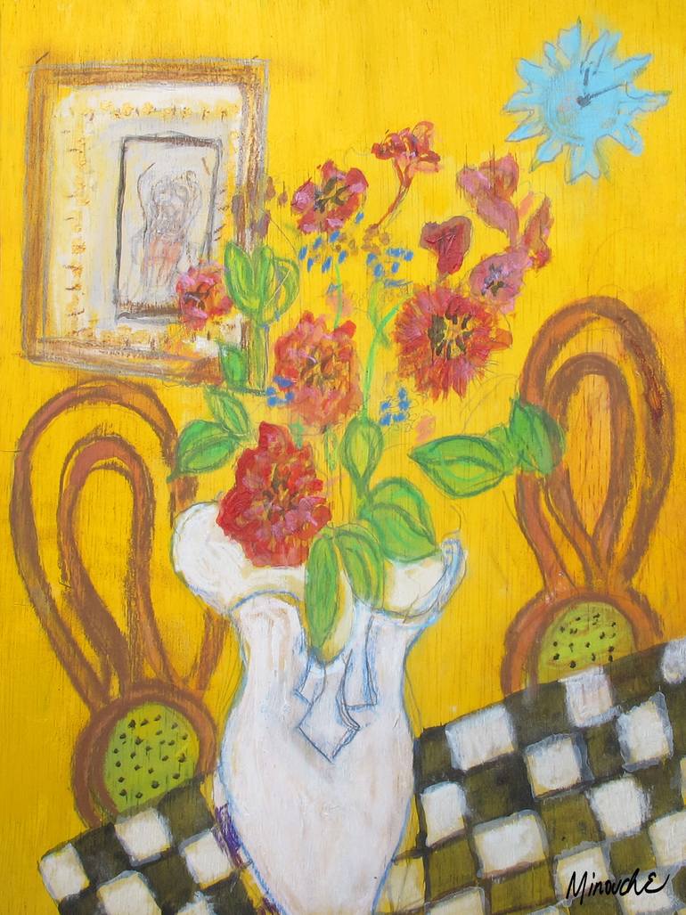 2 chairs and a bouquet - by Minouche Original Mixed Media by jean luc comperat
