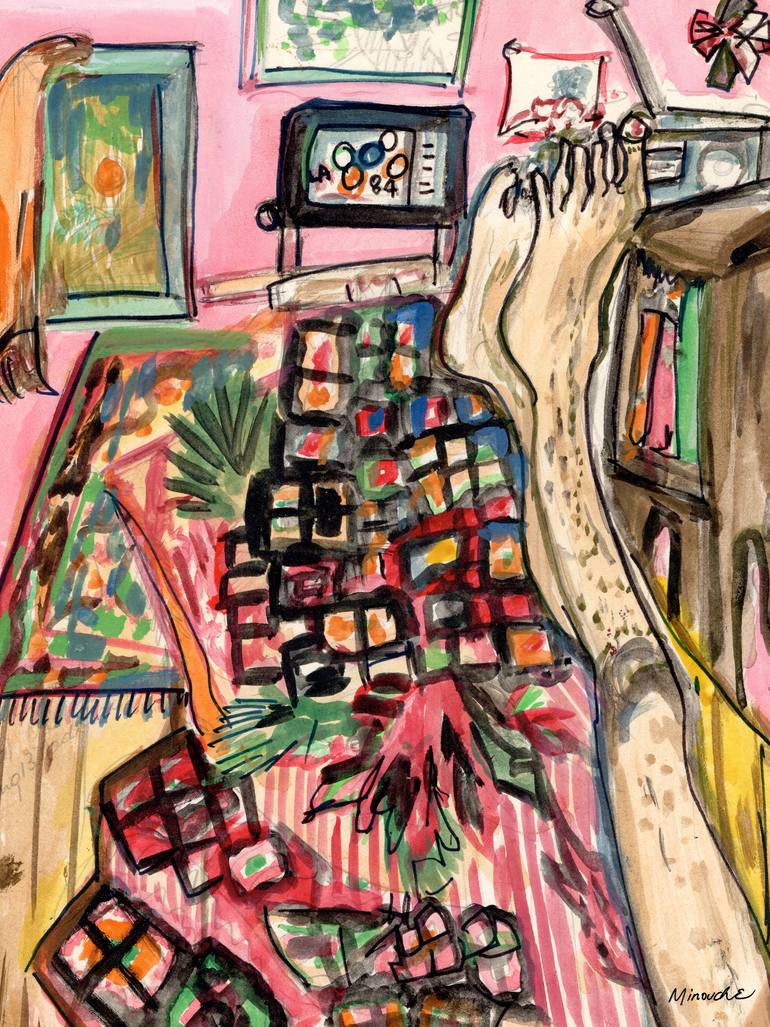 Bedroom in Mastic Beach - by Minouche Original Mixed Media by jean luc comperat