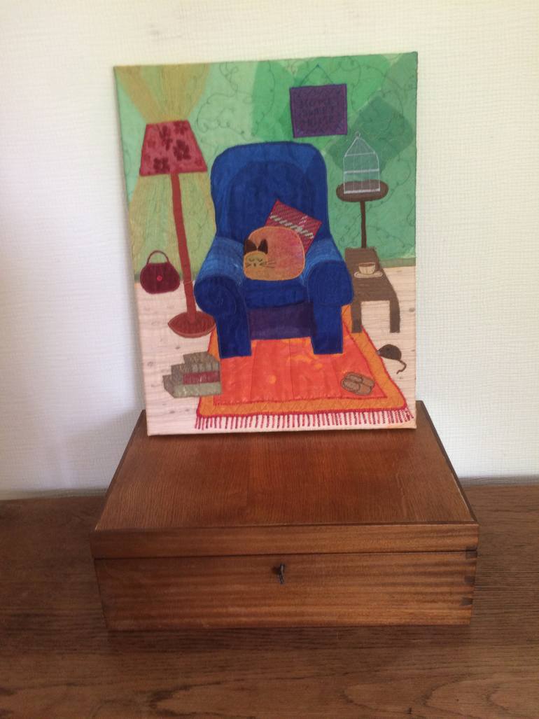 Original Folk Cats Collage by Wendy Early Textile Art