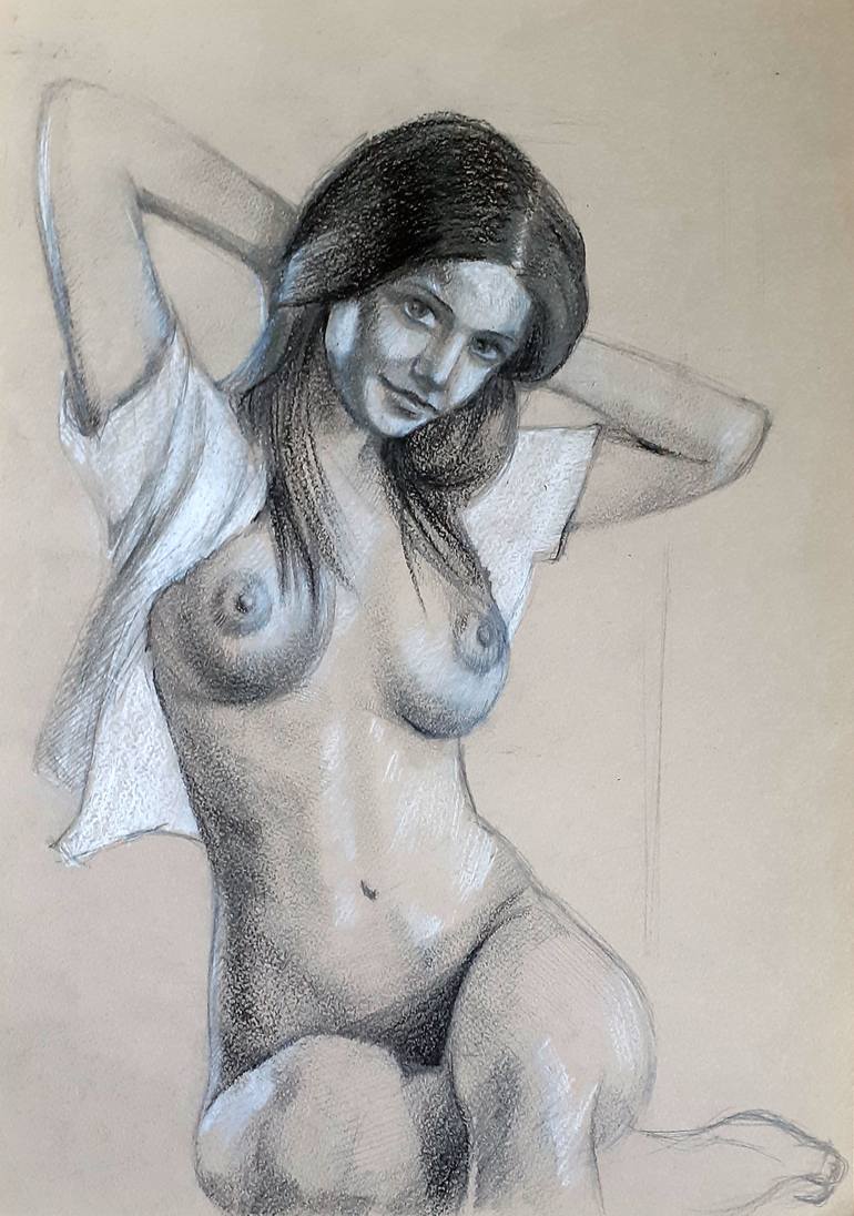 Original Realism Charcoal Drawing Of Beautiful Semi Nude Woman Framed Art Print By Brittnideweese