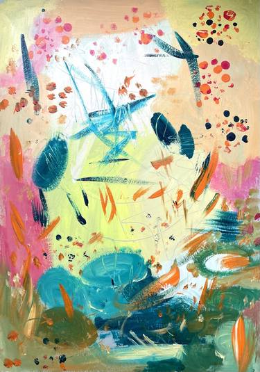 Butterflies - Original watercolor abstract painting on cardboard, white,  black, pink, yellow, orange and blue modern painting, 35x50 cm Painting by  Milena Gaytandzhieva