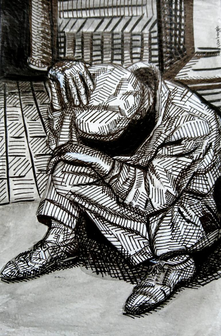 Portrait Of A Homeless Man Drawing By Van Lanigh Saatchi Art