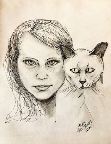 Saatchi Art Artist Anda WhoPaintsLove; Drawings, “Girl with cat” #art