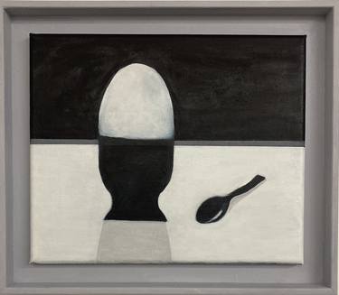 White Egg Original Framed Oil Painting in a Minimalist Style thumb